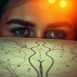 A romantic and sensual scene depicting a pair of eyes, deeply captivated, scanning over an abstract map filled with exquisite lines and curves representing a human body