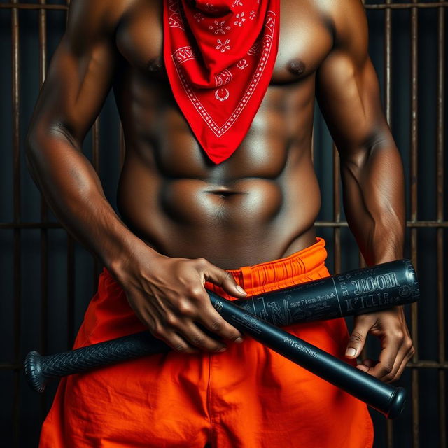 A close-up waist and torso shot of a muscular African American man, dressed in baggy undone orange pants