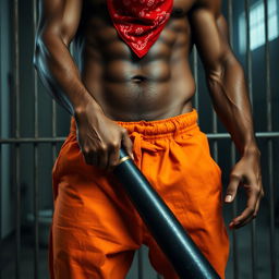 A close-up waist and torso shot of a muscular African American man, dressed in baggy undone orange pants