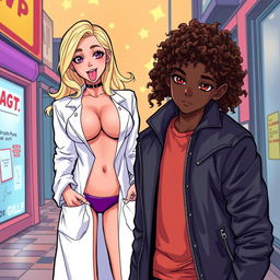 An illustration of a sexy blonde girl wearing only a lab coat, standing provocatively with her tongue sticking out