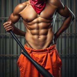 A dramatic close-up waist and torso shot of a muscular African American gang member, showcasing his physical strength
