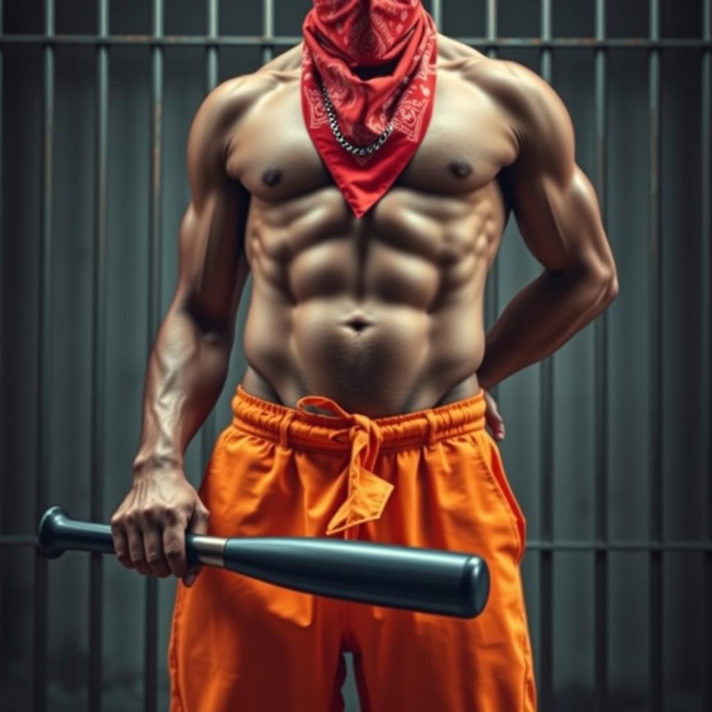 A dramatic close-up waist and torso shot of a muscular African American gang member, showcasing his physical strength