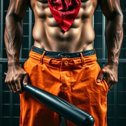 A dramatic close-up waist and torso shot of a muscular African American gang member, showcasing his physical strength