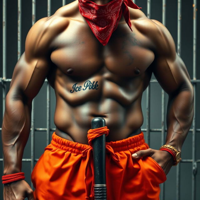 Close-up on the waist and torso of a muscular African American gang member with defined muscles