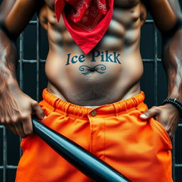 Close-up on the waist and torso of a muscular African American gang member with defined muscles
