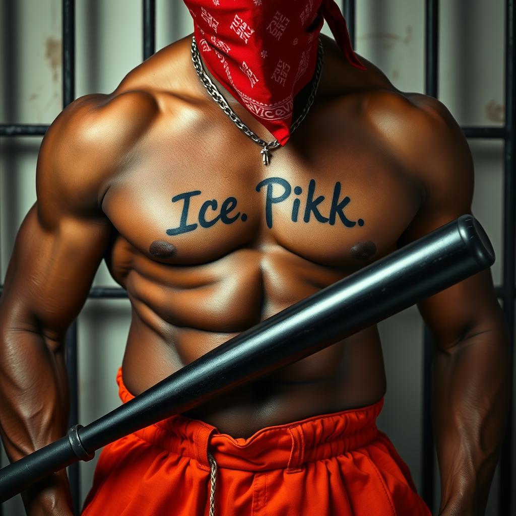 Close-up on the waist and torso of a muscular African American gang member with defined muscles