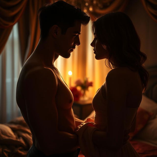 A romantic scene depicting deep, smoldering desire, capturing the atmosphere of a slowly building seductive and intimate connection between two adults