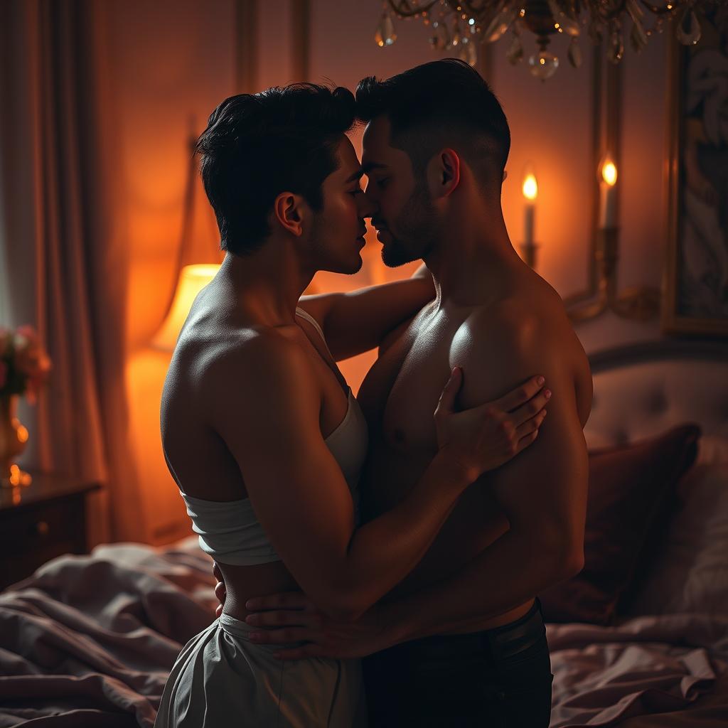 A romantic scene depicting deep, smoldering desire, capturing the atmosphere of a slowly building seductive and intimate connection between two adults