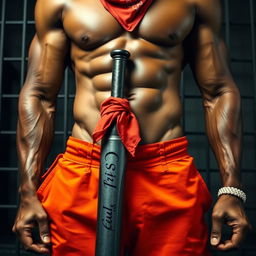 Close-up on a muscular African American gang member's waist and torso, showcasing his toned physique