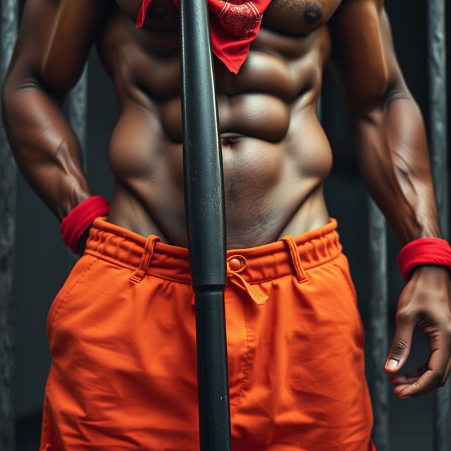 Close-up on a muscular African American gang member's waist and torso, showcasing his toned physique