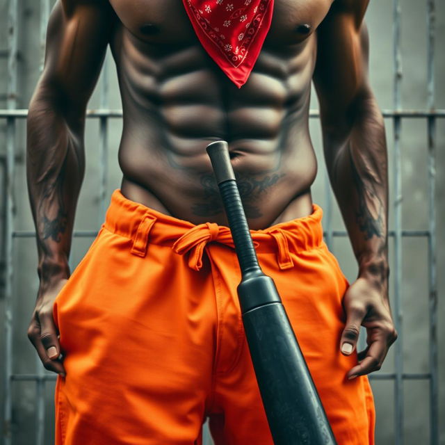 A close-up waist and torso shot of a muscular African American gang member