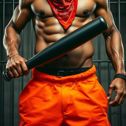 A close-up waist and torso shot of a muscular African American gang member