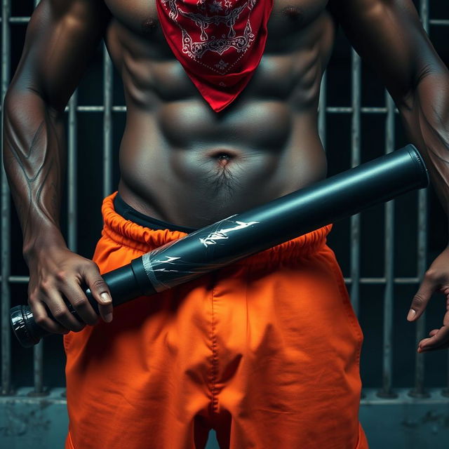 Close-up on the waist and torso of a muscular African American gang member wearing baggy orange pants that are undone