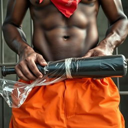 Close-up shot focusing on the waist and torso of a muscular African American gang member