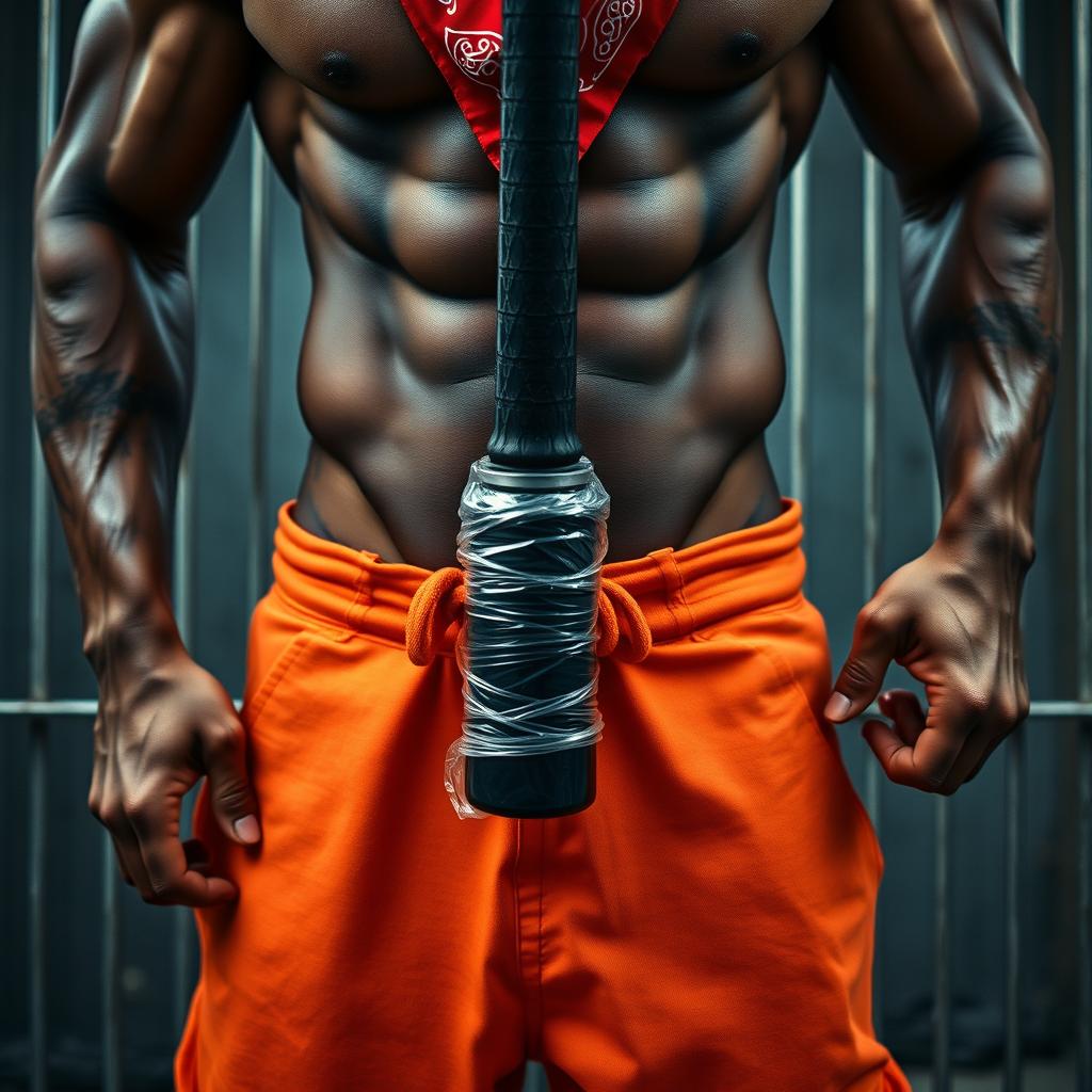 Close-up shot focusing on the waist and torso of a muscular African American gang member