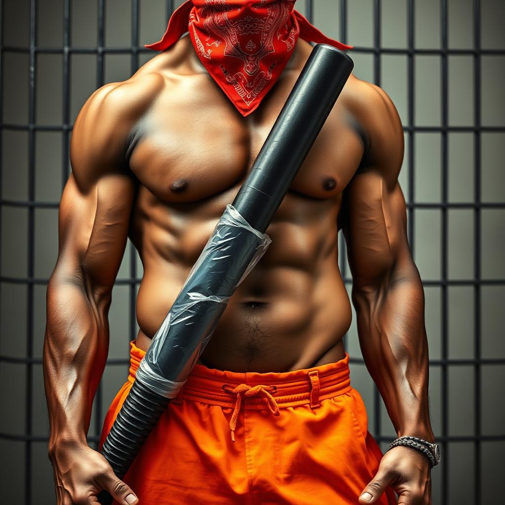 A close-up torso shot of a muscular African American gang member, showcasing a powerful physique