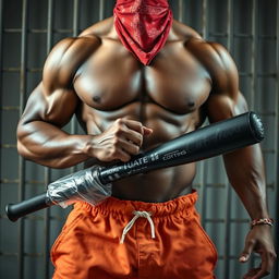A close-up torso shot of a muscular African American gang member, showcasing a powerful physique