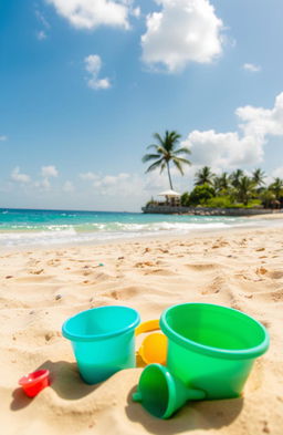 A beautiful, sunny scene of a sandy beach, with soft golden sand stretching out to the bright turquoise ocean