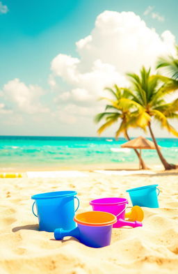 A beautiful, sunny scene of a sandy beach, with soft golden sand stretching out to the bright turquoise ocean