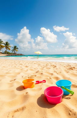 A beautiful, sunny scene of a sandy beach, with soft golden sand stretching out to the bright turquoise ocean