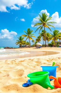 A beautiful, sunny scene of a sandy beach, with soft golden sand stretching out to the bright turquoise ocean