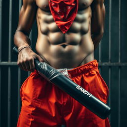 A dramatic close-up waist and torso shot of a muscular African American gang member, wearing baggy orange pants that are partly undone