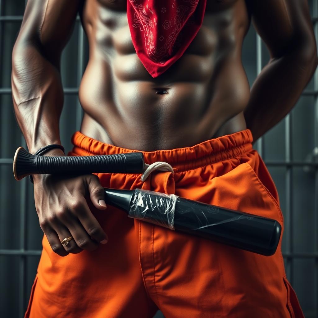 A dramatic close-up waist and torso shot of a muscular African American gang member, wearing baggy orange pants that are partly undone