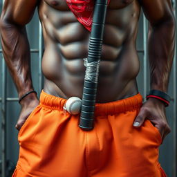 A dramatic close-up waist and torso shot of a muscular African American gang member, wearing baggy orange pants that are partly undone