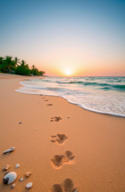 A beautiful beach scene with fine golden sand, gentle waves lapping at the shore, and a clear blue sky