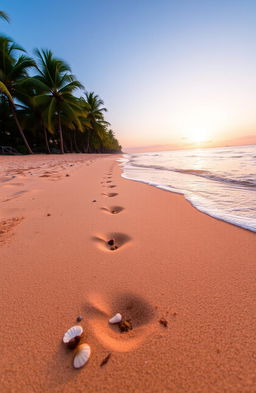 A beautiful beach scene with fine golden sand, gentle waves lapping at the shore, and a clear blue sky