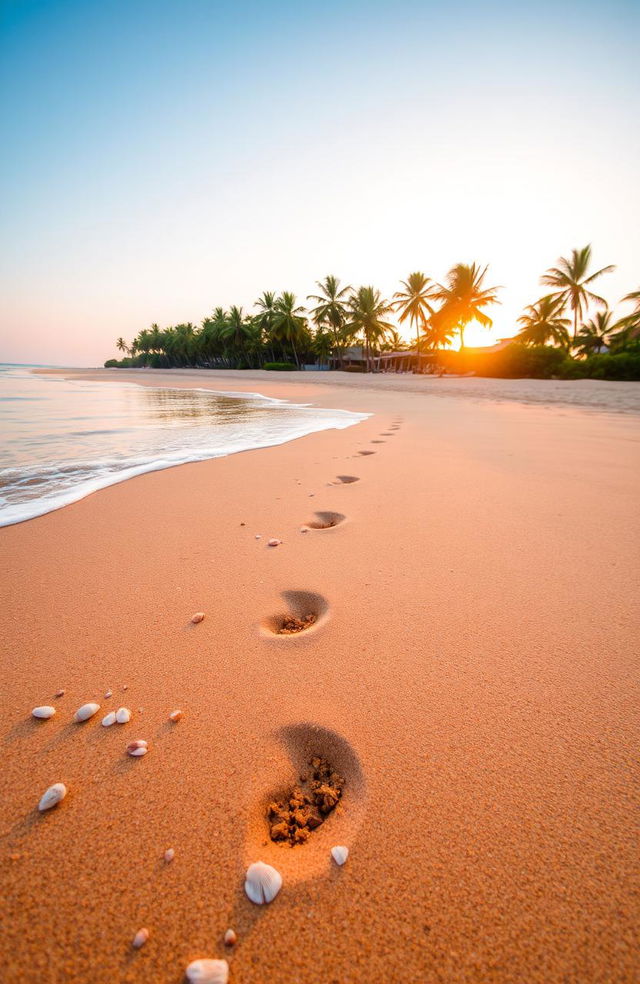 A beautiful beach scene with fine golden sand, gentle waves lapping at the shore, and a clear blue sky