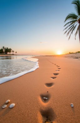 A beautiful beach scene with fine golden sand, gentle waves lapping at the shore, and a clear blue sky
