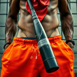 A close-up waist and torso shot of a muscular African American gang member