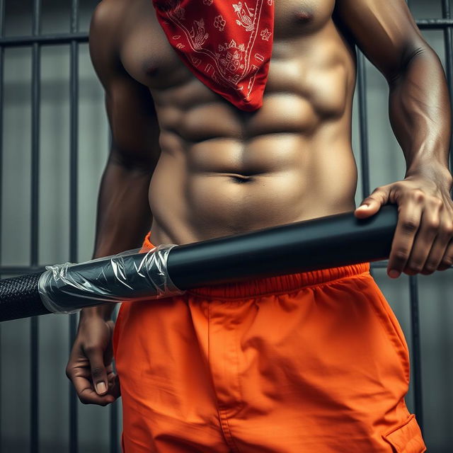 A close-up waist and torso shot of a muscular African American gang member