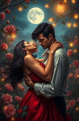 A passionate and romantic depiction of forbidden love, capturing two lovers locked in an embrace, with intense emotions expressed through their gazes