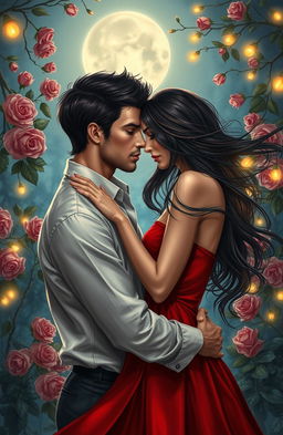 A passionate and romantic depiction of forbidden love, capturing two lovers locked in an embrace, with intense emotions expressed through their gazes