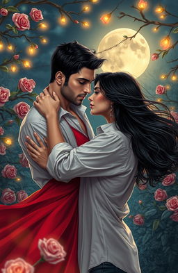 A passionate and romantic depiction of forbidden love, capturing two lovers locked in an embrace, with intense emotions expressed through their gazes