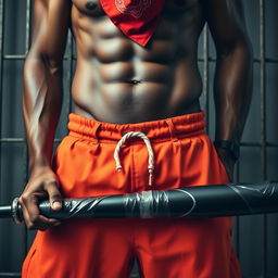 A close-up waist and torso shot of a muscular African American gang member, wearing baggy orange pants that are undone