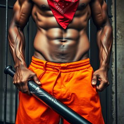 A close-up waist and torso shot of a muscular African American gang member, wearing baggy orange pants that are undone