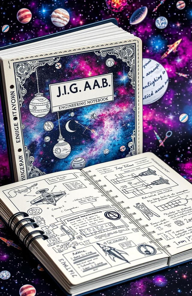 An artistic engineering notebook featuring a cosmic theme, titled 'J