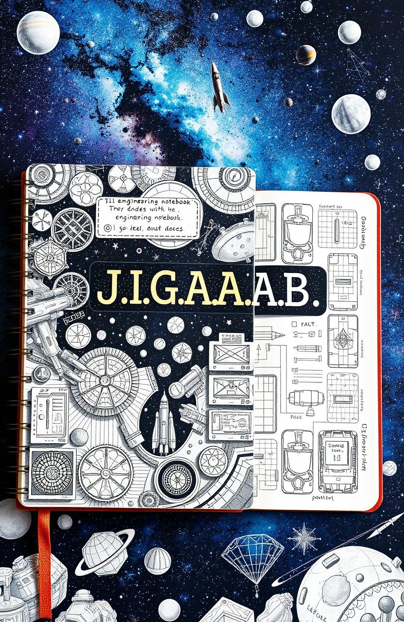 An artistic engineering notebook featuring a cosmic theme, titled 'J