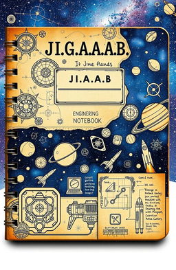 An artistic engineering notebook featuring a cosmic theme, titled 'J