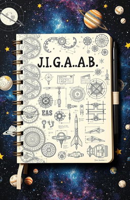 An artistic engineering notebook featuring a cosmic theme, titled 'J