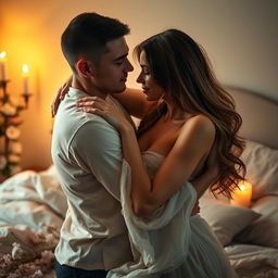 A romantic scene depicting a couple entwined in an intimate embrace, showcasing both love and passion