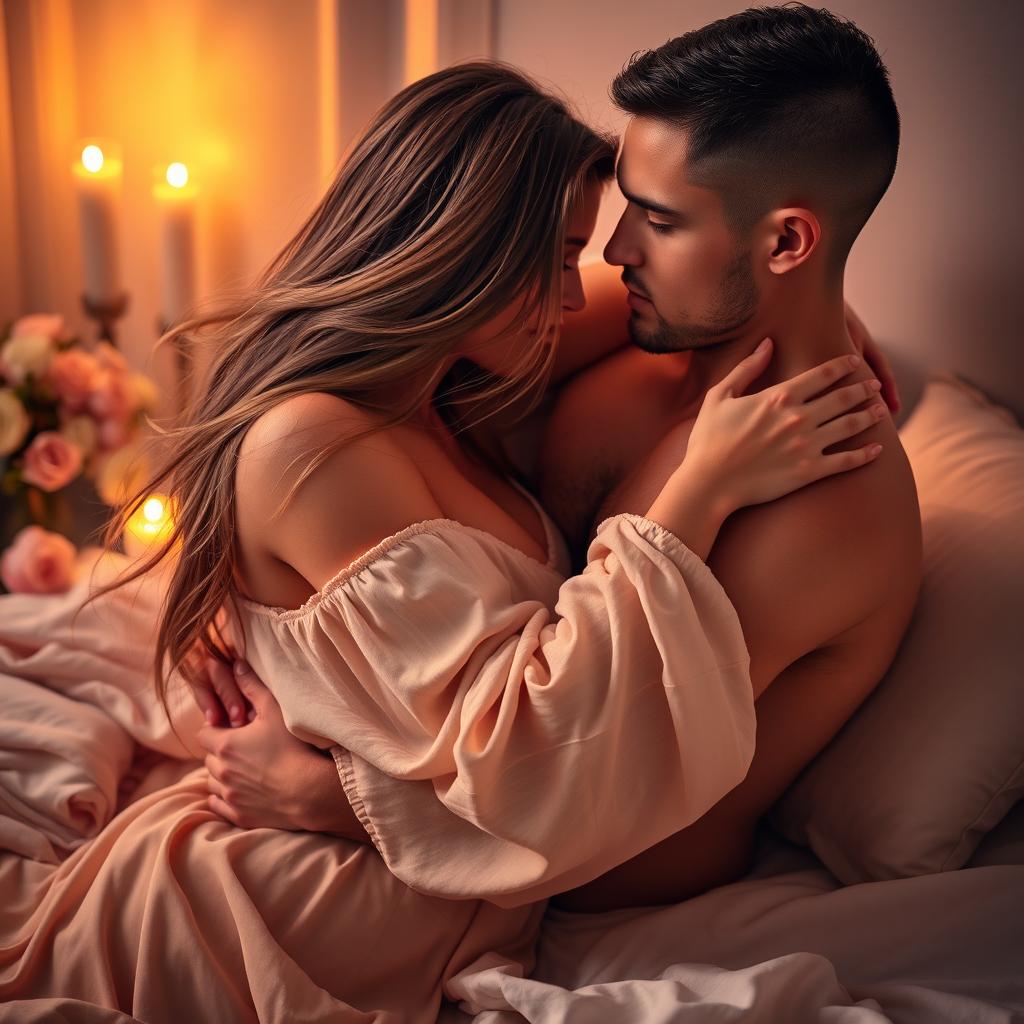 A romantic scene depicting a couple entwined in an intimate embrace, showcasing both love and passion