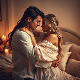 A romantic scene depicting a couple entwined in an intimate embrace, showcasing both love and passion