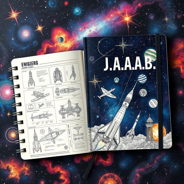 An artistic engineering notebook design, featuring the title 'J