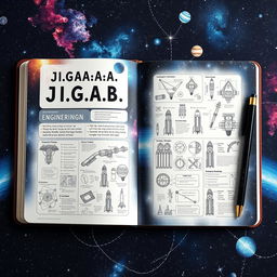 A beautifully designed engineering notebook themed around space, titled 'J