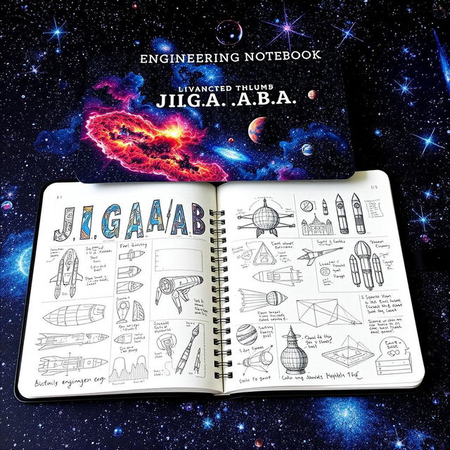 A beautifully designed engineering notebook themed around space, titled 'J