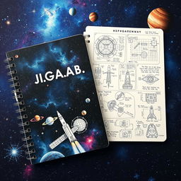 A beautifully designed engineering notebook themed around space, titled 'J